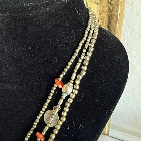 Vintage Multi-Strand Beaded Necklace Red Stone Charms Antique Gold SilverTone - Picture 6 of 6